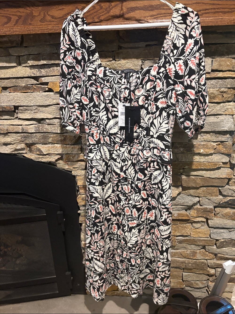 BCBGMaxAzria Black Midi Dress with Cream Leaves and Blush Floral Accents